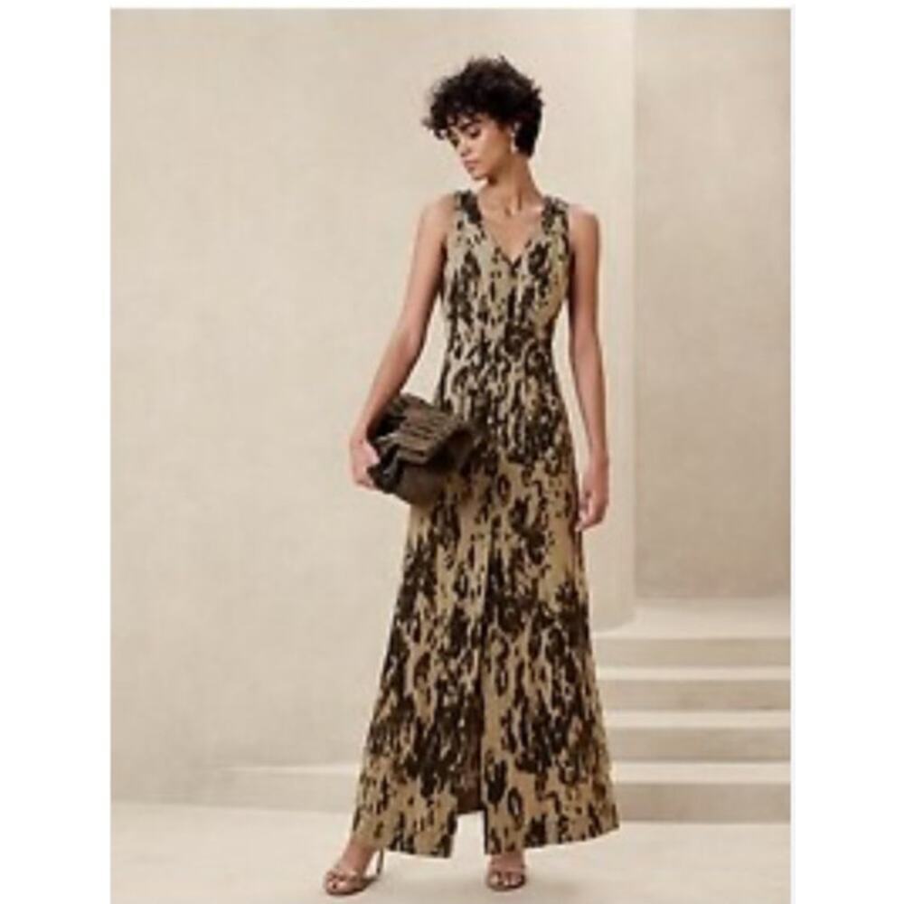 Banana Republic Linen Blend Bodice Seam Maxi Dress 12P 12 Tan Leopard‎ Print NEW